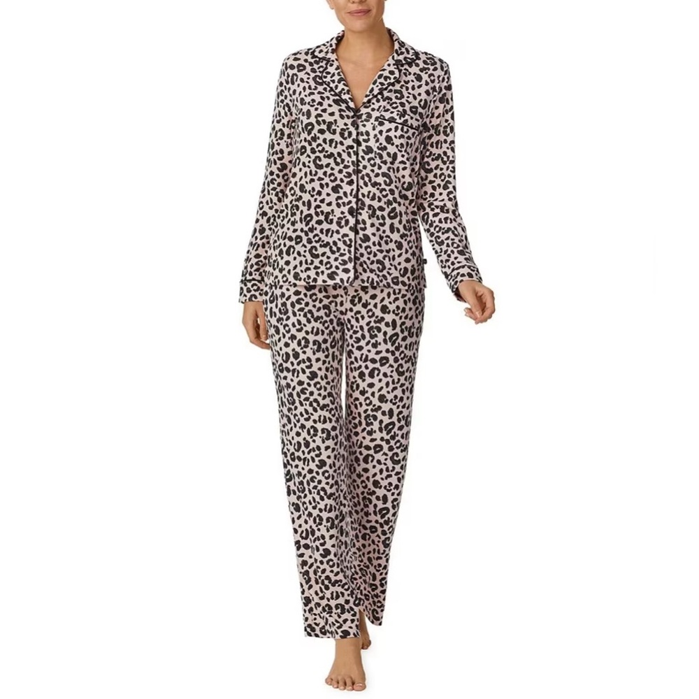 Kate Spade Brushed pyjama Knit Leopard Long Sleeve Notch Collar Pajama Set NWT